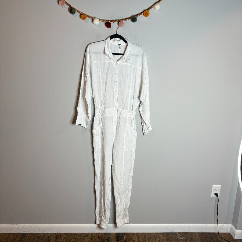 Young, Fabulous & Broke white linen blend long sleeve utility jumpsuit